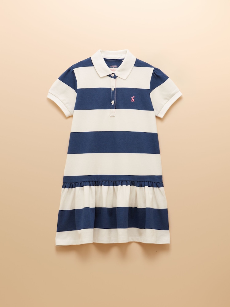 Joules Orla Blue/White Short Sleeve Polo Shirt Dress - Image 1 of 4