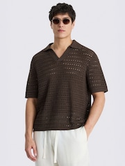 MOSS Brown Oversized Open-Knit Skipper Polo Shirt - Image 1 of 4
