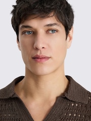 MOSS Brown Oversized Open-Knit Skipper Polo Shirt - Image 3 of 4