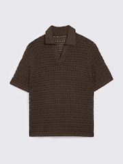 MOSS Brown Oversized Open-Knit Skipper Polo Shirt - Image 4 of 4