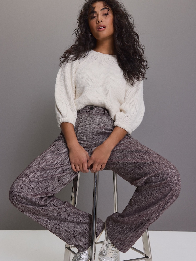 Burgundy/White Textured Herringbone Tapered Leg Trousers - Image 1 of 4