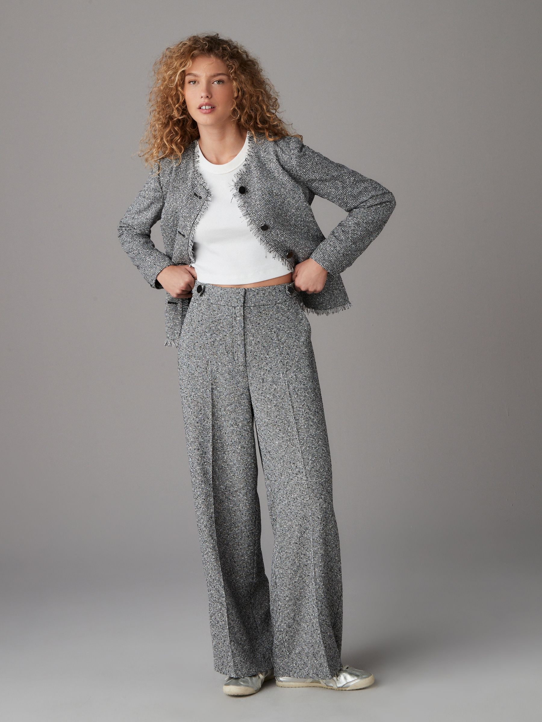 Buy Black/White Elastic Back Boucle Mono Wide Leg Trousers Buy Black/White Elastic Back Boucle Mono Wide Leg Trousers