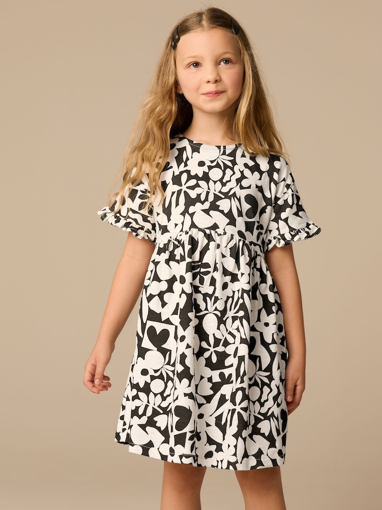 Black/White Stampy Short Sleeve Jersey Summer Dress (3-16yrs) - Image 1 of 8