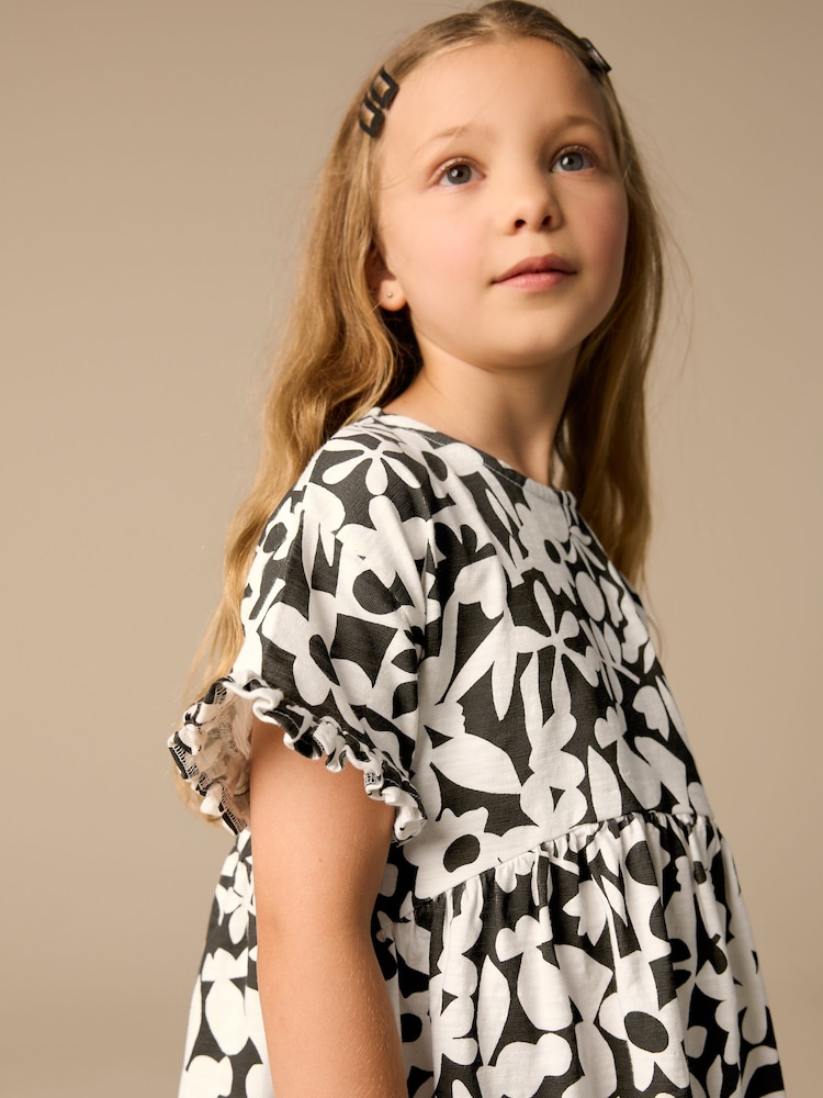 Black/White Stampy Short Sleeve Jersey Summer Dress (3-16yrs) - Image 4 of 8