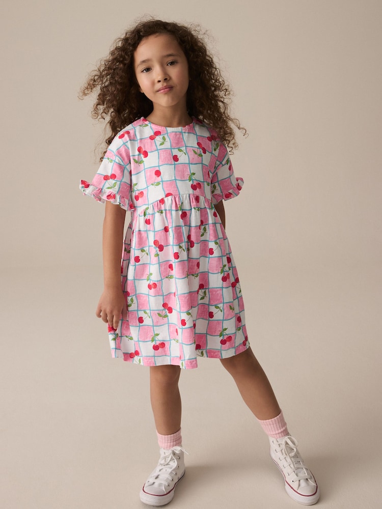 Pink/Blue Cherry Gingham Short Sleeve Jersey Summer Dress (3-16yrs) - Image 1 of 9