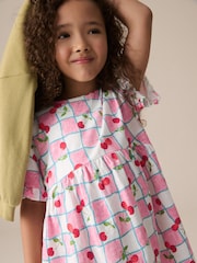 Pink/Blue Cherry Gingham Short Sleeve Jersey Summer Dress (3-16yrs) - Image 5 of 9