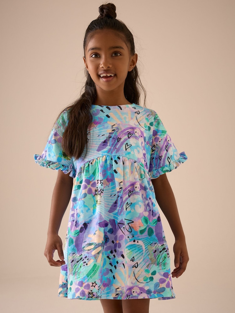 Blue Graffiti Print Short Sleeve Jersey Summer Dress (3-16yrs) - Image 1 of 6