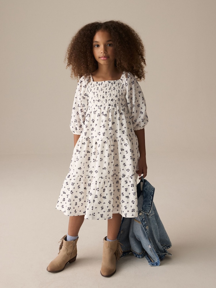 Ecru Ditsy Flower Tiered Broderie Summer Dress (3-16yrs) - Image 1 of 9