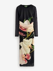 Black Placement Floral Kew Collection - Long Sleeve Placement Floral Mesh Maxi Dress - Imagen 6 de 8