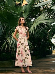 Cream Tropical Pleated Mesh Print V-Neck Occasion Midi Dress - Image 1 of 8