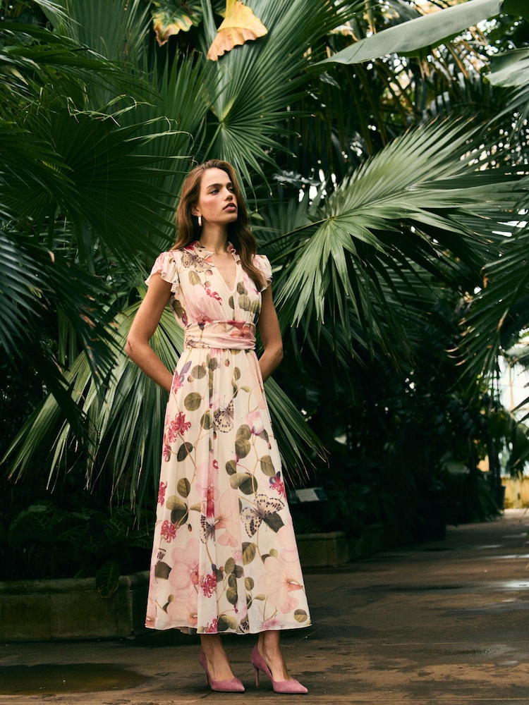 Cream Tropical Pleated Mesh Print V-Neck Occasion Midi Dress - Image 1 of 8