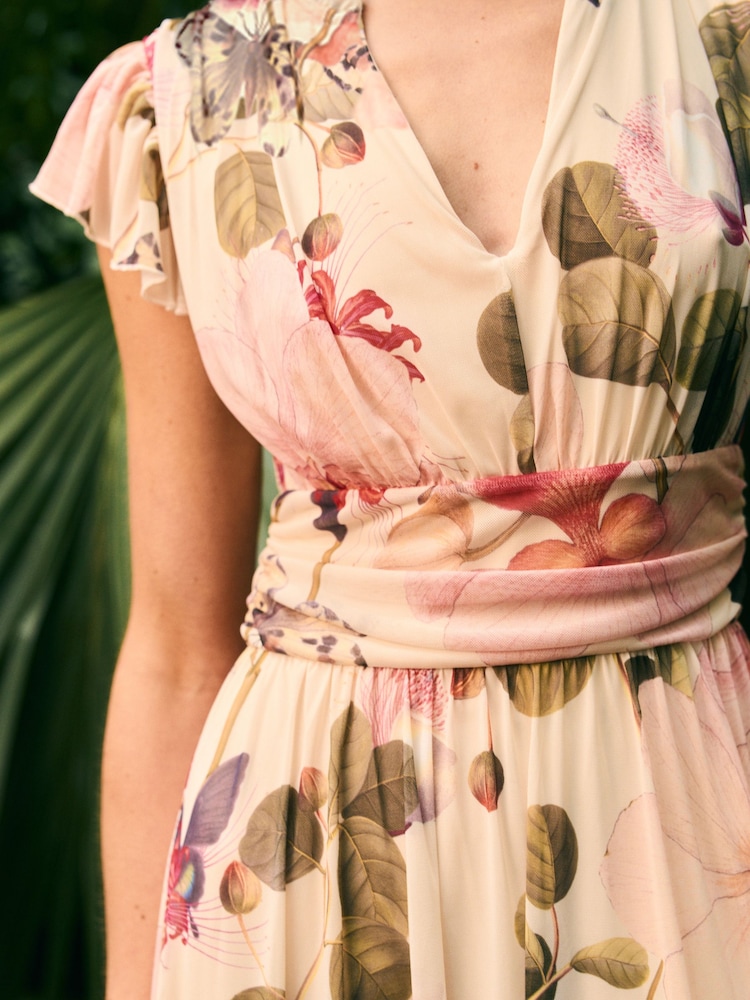 Cream Tropical Pleated Mesh Print V-Neck Occasion Midi Dress - Image 2 of 8