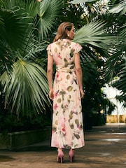 Cream Tropical Pleated Mesh Print V-Neck Occasion Midi Dress - Image 3 of 8