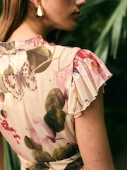 Cream Tropical Pleated Mesh Print V-Neck Occasion Midi Dress - Image 4 of 8