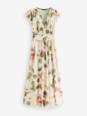 Cream Tropical Pleated Mesh Print V-Neck Occasion Midi Dress - Image 5 of 8