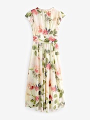 Cream Tropical Pleated Mesh Print V-Neck Occasion Midi Dress - Image 6 of 8