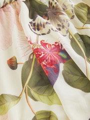 Cream Tropical Pleated Mesh Print V-Neck Occasion Midi Dress - Image 8 of 8
