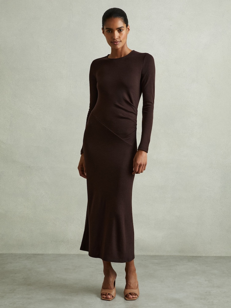 Reiss Berry Sloane Wool Ruche Detail Midi Dress - Image 1 of 5