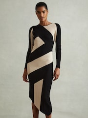 Reiss Black/Camel Jem Petite Knitted Colourblock Asymmetric Midi Dress - Image 1 of 7
