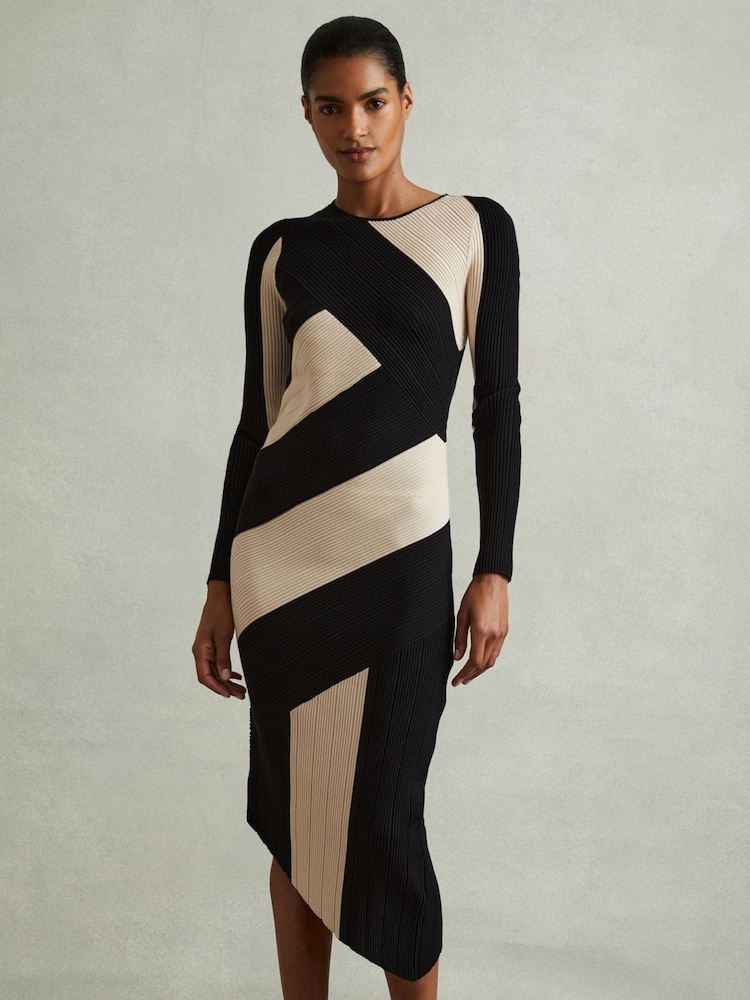 Reiss Black/Camel Jem Petite Knitted Colourblock Asymmetric Midi Dress - Image 1 of 7