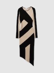 Reiss Black/Camel Jem Petite Knitted Colourblock Asymmetric Midi Dress - Image 2 of 7