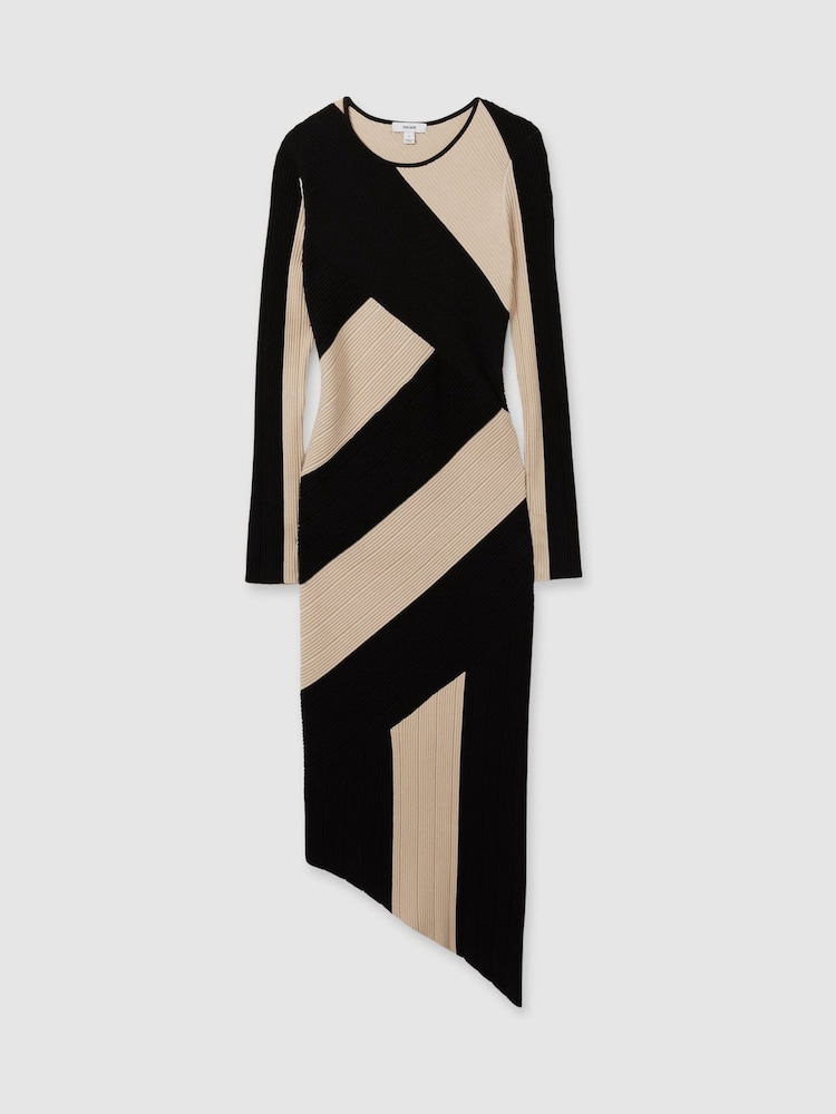 Reiss Black/Camel Jem Petite Knitted Colourblock Asymmetric Midi Dress - Image 2 of 7