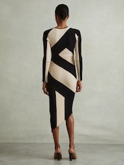 Reiss Black/Camel Jem Petite Knitted Colourblock Asymmetric Midi Dress - Image 5 of 7