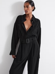 Reiss Black Rochelle Atelier Belted Crepe Jumpsuit - Image 1 of 6