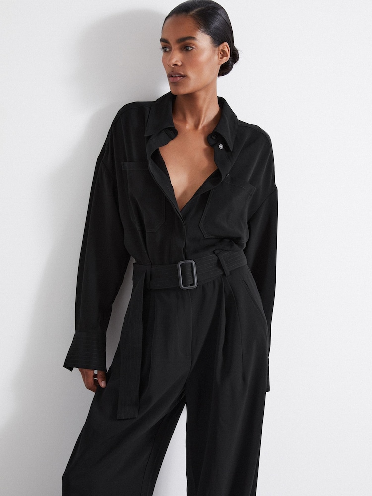 Reiss Black Rochelle Atelier Belted Crepe Jumpsuit - Image 1 of 6