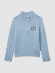 Reiss Soft Blue Melange Mathieu 9-13 yrs Embroidered Quarter Zip Jumper with Cashmere Wool and Cotton - Image 2 of 4