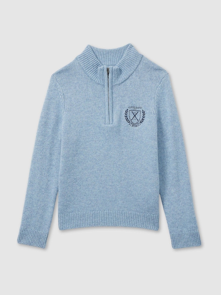 Reiss Soft Blue Melange Mathieu 9-13 yrs Embroidered Quarter Zip Jumper with Cashmere Wool and Cotton - Image 2 of 4