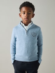 Reiss Soft Blue Melange Mathieu 9-13 yrs Embroidered Quarter Zip Jumper with Cashmere Wool and Cotton - Image 3 of 4