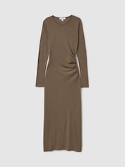 Reiss Camel Sloane Petite Wool Ruche Detail Midi Dress - Image 2 of 7