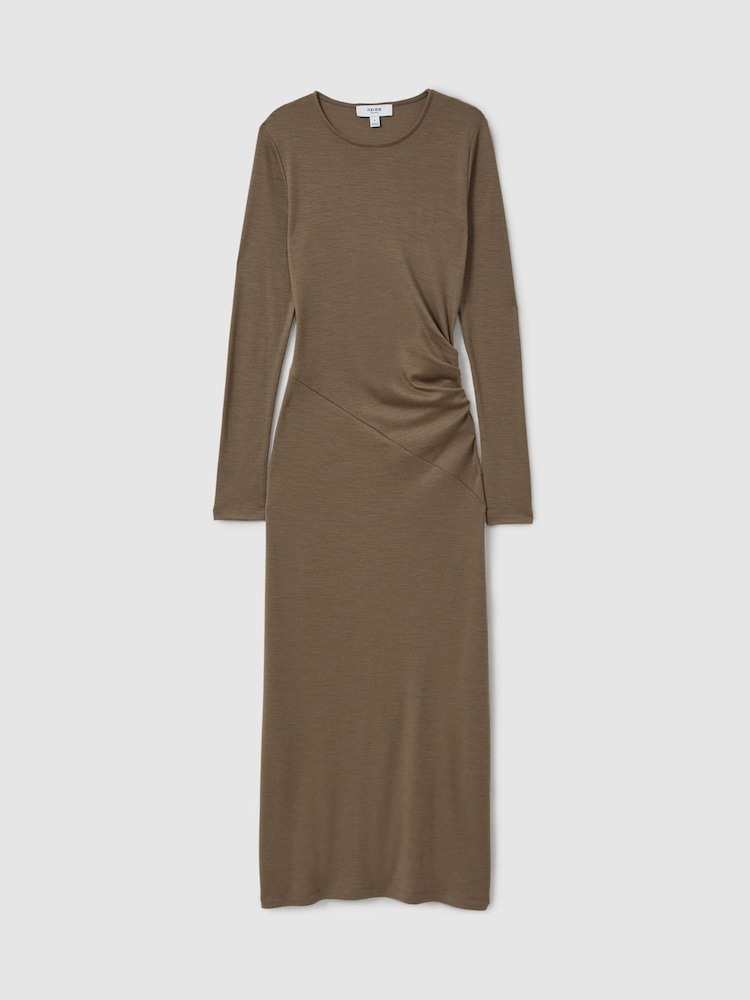 Reiss Camel Sloane Petite Wool Ruche Detail Midi Dress - Image 2 of 7