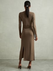 Reiss Camel Sloane Petite Wool Ruche Detail Midi Dress - Image 5 of 7