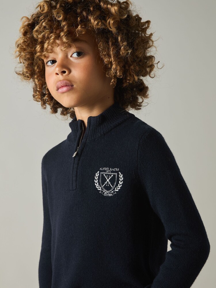 Reiss Navy Mathieu 3-9 yrs Embroidered Quarter Zip Jumper with Cashmere Wool and Cotton - Image 1 of 4