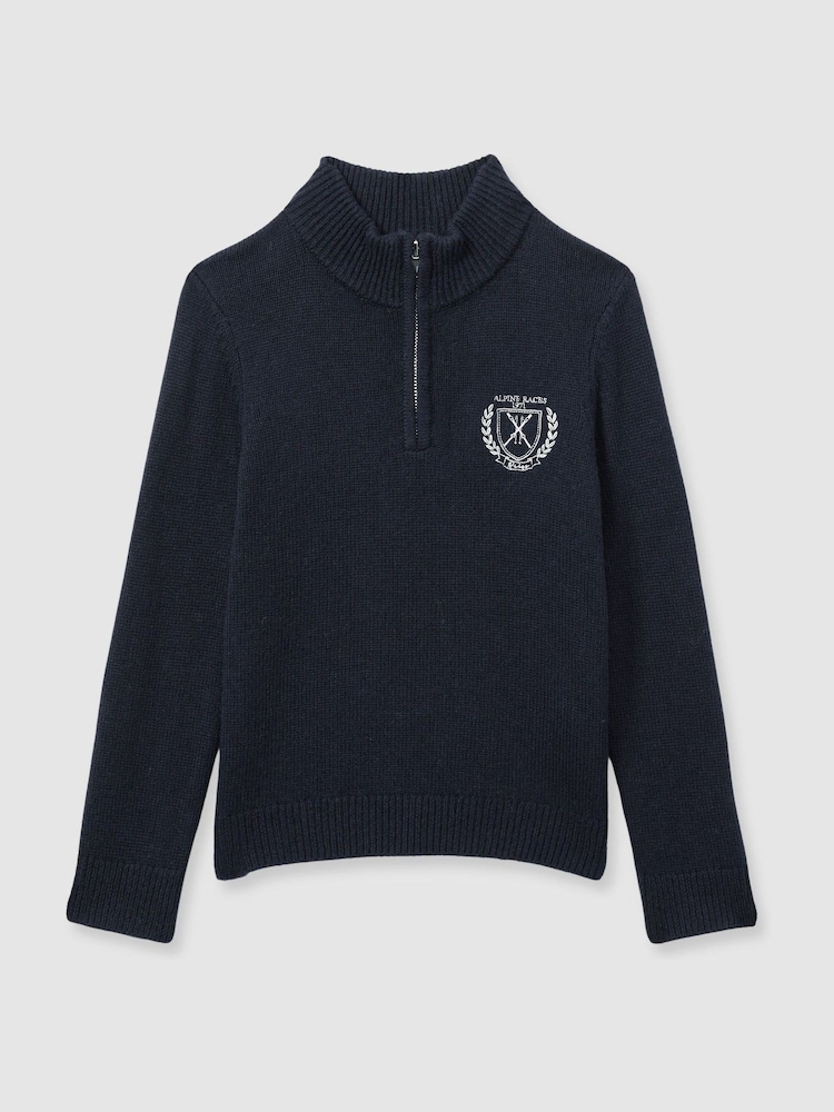 Reiss Navy Mathieu 9-13 yrs Embroidered Quarter Zip Jumper with Cashmere Wool and Cotton - Image 2 of 4