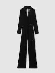 Reiss Black Vera Velvet Belted Wide Leg Jumpsuit - Image 2 of 10