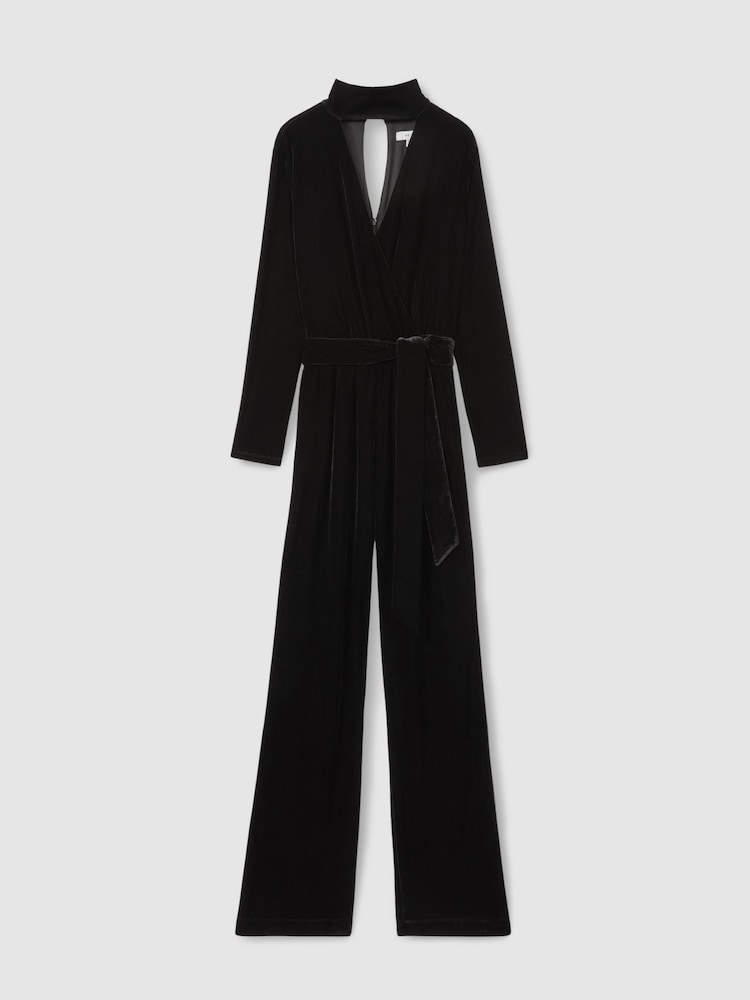 Reiss Black Vera Velvet Belted Wide Leg Jumpsuit - Image 2 of 10