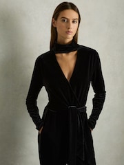 Reiss Black Vera Velvet Belted Wide Leg Jumpsuit - Image 3 of 10