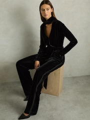 Reiss Black Vera Velvet Belted Wide Leg Jumpsuit - Image 4 of 10