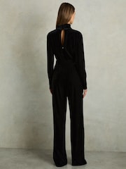 Reiss Black Vera Velvet Belted Wide Leg Jumpsuit - Image 6 of 10