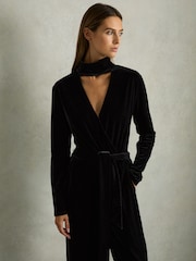 Reiss Black Vera Velvet Belted Wide Leg Jumpsuit - Image 9 of 10
