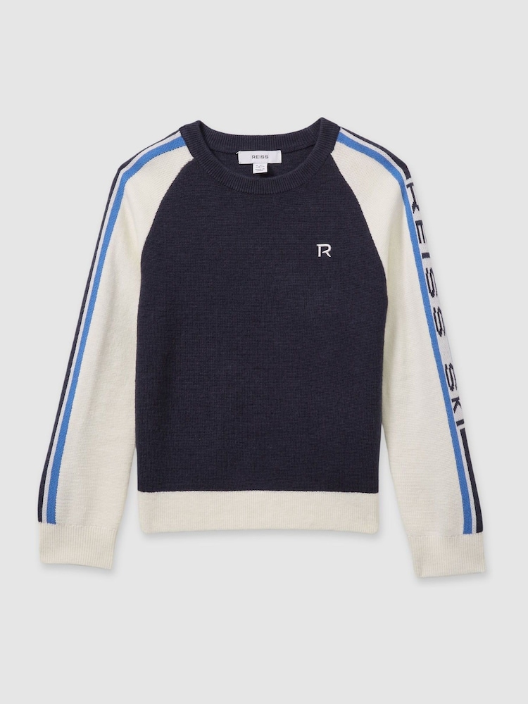 Reiss Navy/Blue Buckley Monogram Embroidered Jumper with Wool - Image 2 of 4