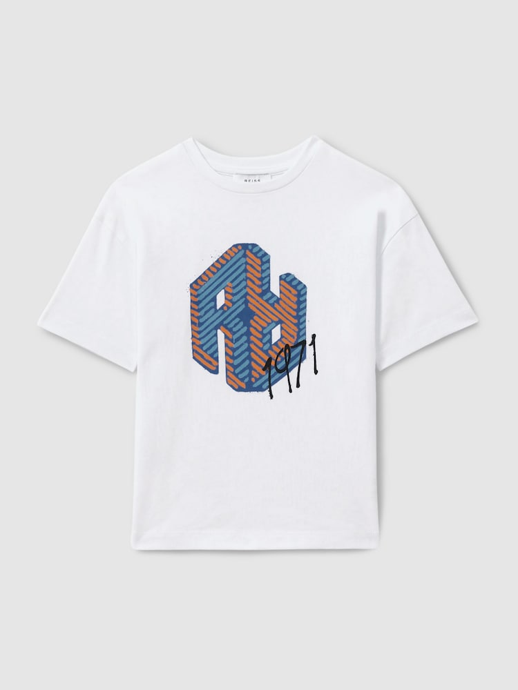 Reiss Optic White Luka 3-9 yrs Oversized Cotton Graffiti Print Crew Neck T-Shirt - Image 2 of 4