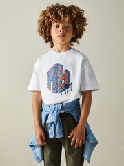 Reiss Optic White Luka 3-9 yrs Oversized Cotton Graffiti Print Crew Neck T-Shirt - Image 3 of 4