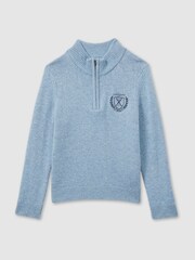 Reiss Soft Blue Melange Mathieu 3-9 yrs Embroidered Quarter Zip Jumper with Cashmere Wool and Cotton - Image 2 of 4
