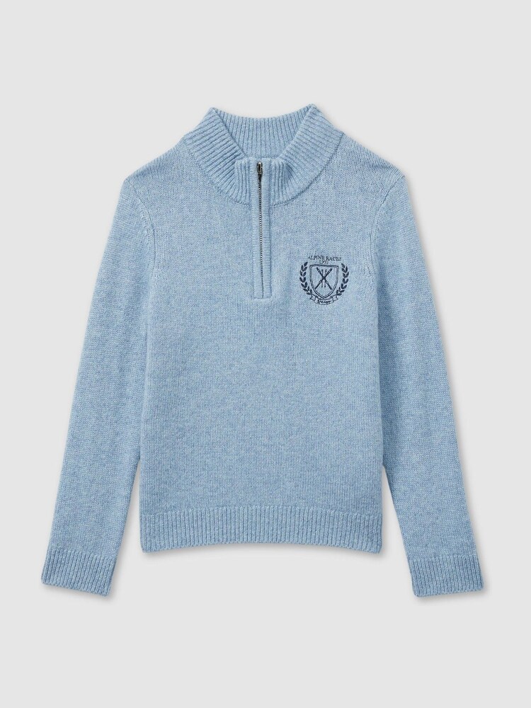Reiss Soft Blue Melange Mathieu 3-9 yrs Embroidered Quarter Zip Jumper with Cashmere Wool and Cotton - Image 2 of 4