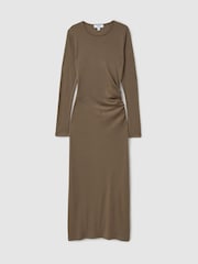 Reiss Camel Sloane Wool Ruche Detail Midi Dress - Image 2 of 6