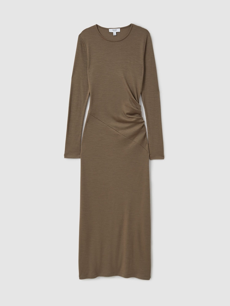 Reiss Camel Sloane Wool Ruche Detail Midi Dress - Image 2 of 6